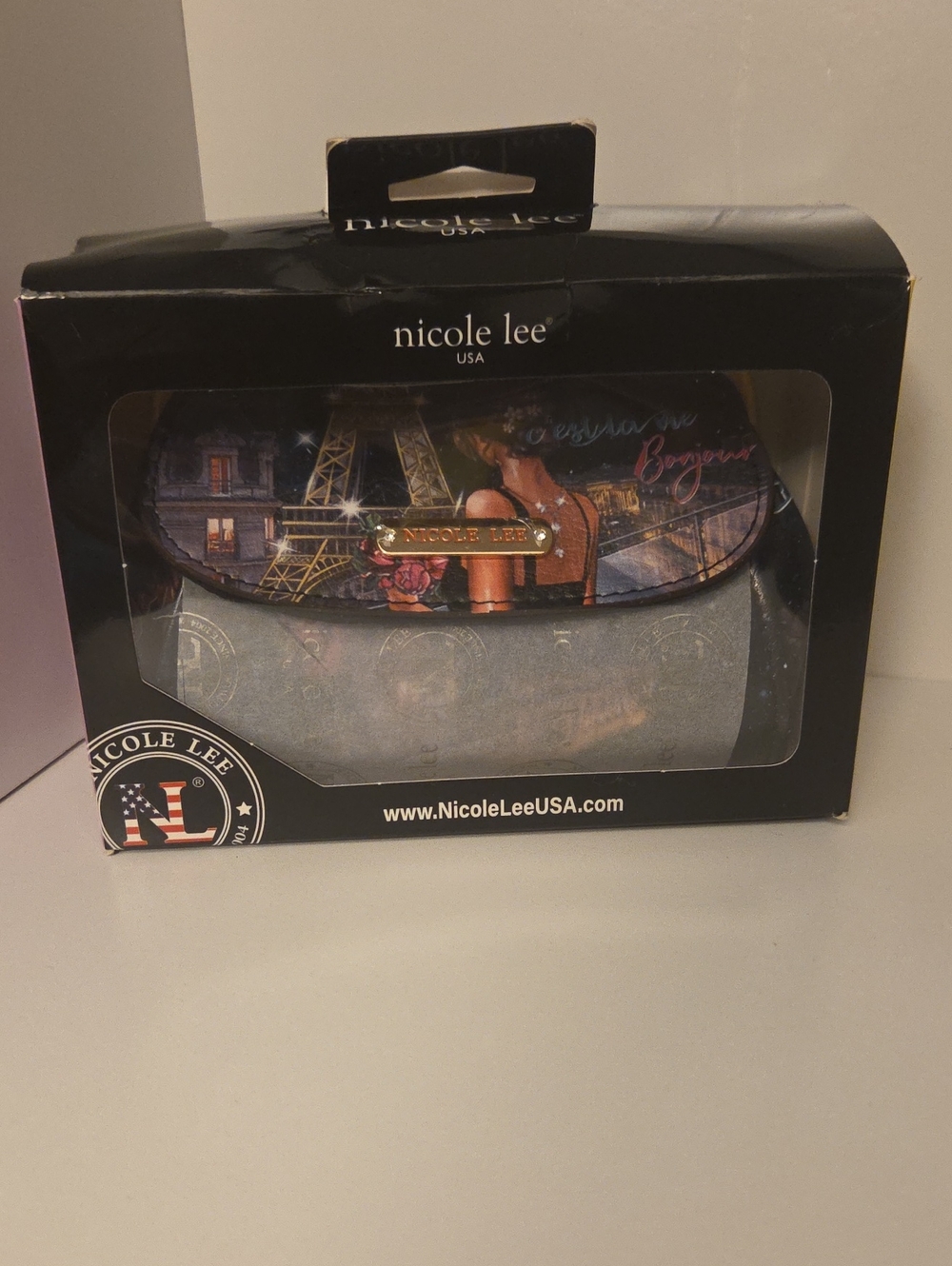 Nicole Lee Black Gold Pink Paris Print Wristlet